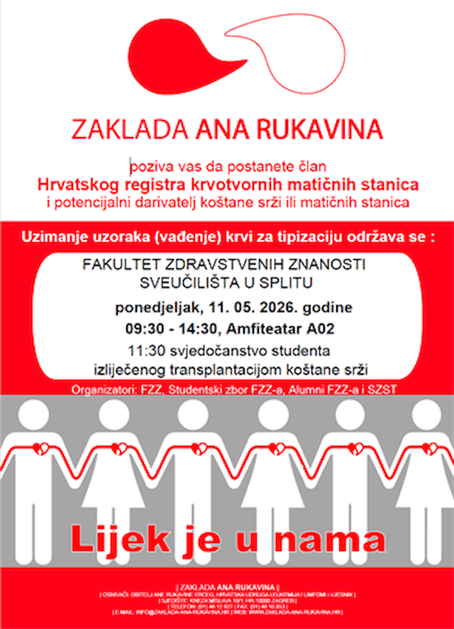 Akcija upisa u Registar darivatelja matičnih stanica uz edukativni program na Fakultetu zdravstvenih znanosti u Splitu