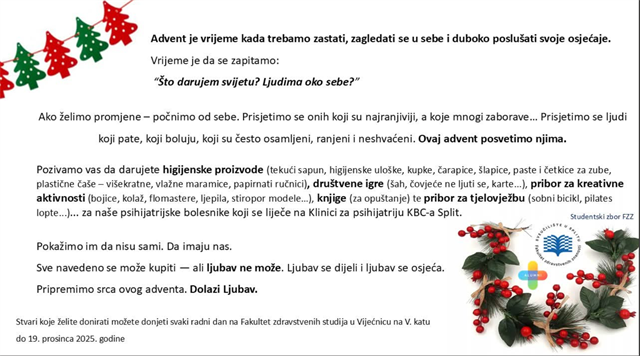 Humanitarna akcija našeg Fakulteta i Studentskog zbora za bolesnike Klinike za psihijatriju KBC-a Split